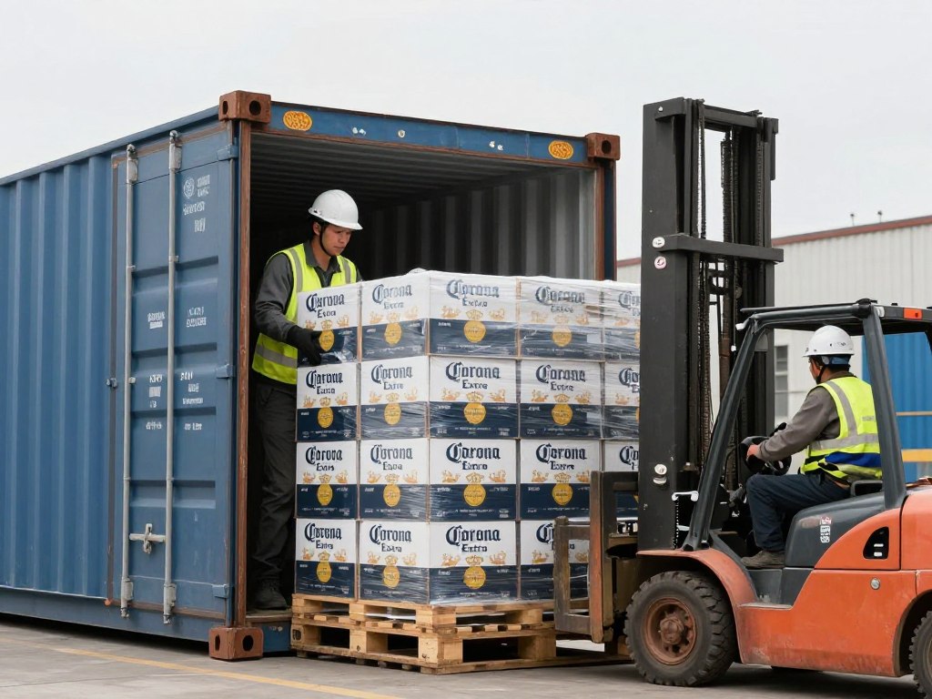 Carga de contenedor con pallets de cerveza Corona al por mayor