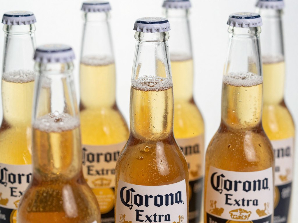 Close-up of Corona Extra beer bottles showing product details and packaging