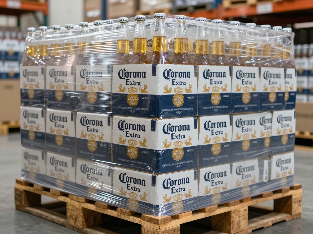 Close-up of Corona Extra beer cartons on pallet showing packaging details