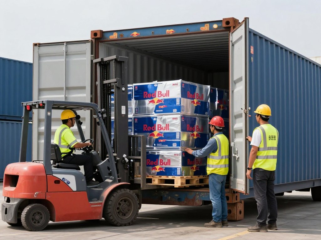 Container being loaded with Red Bull pallets for wholesale shipping to Canada