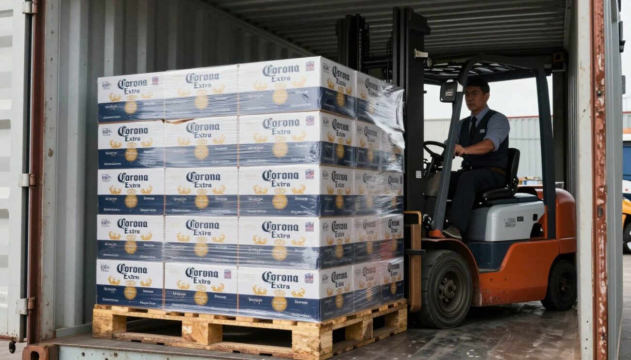 Container đang được bốc xếp pallet bia Corona Extra
