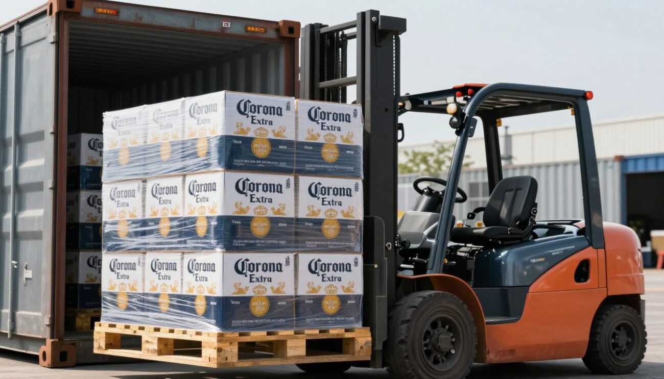 Container loading of Corona Extra beer pallets for Norway wholesale market