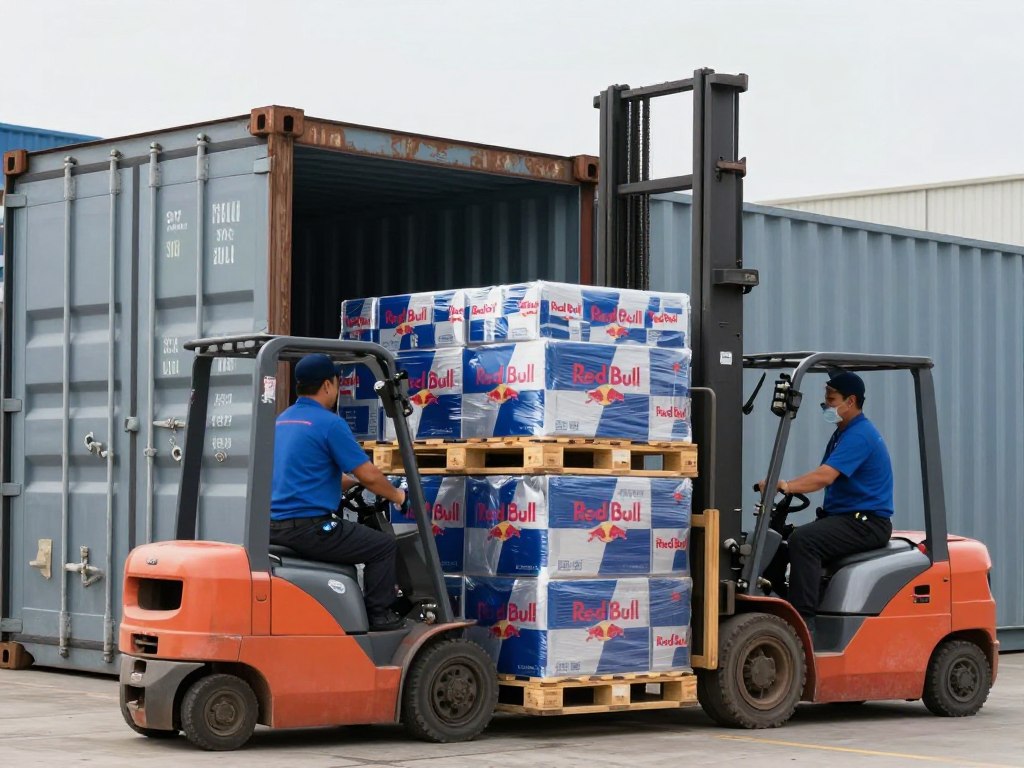 Contêiner sendo carregado com pallets de Red Bull para exportação atacado