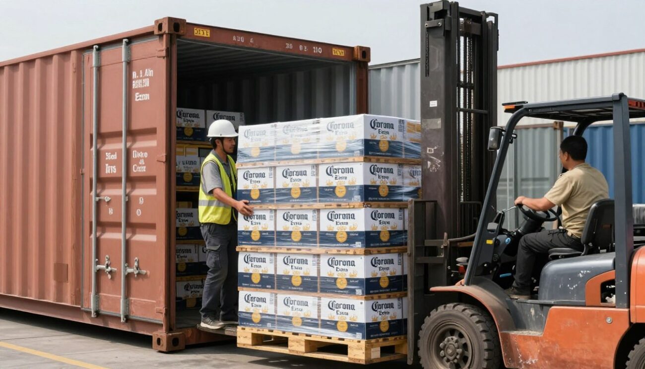 Contenedor siendo cargado con pallets de cerveza Corona Extra para exportación a puertos de Costa Rica