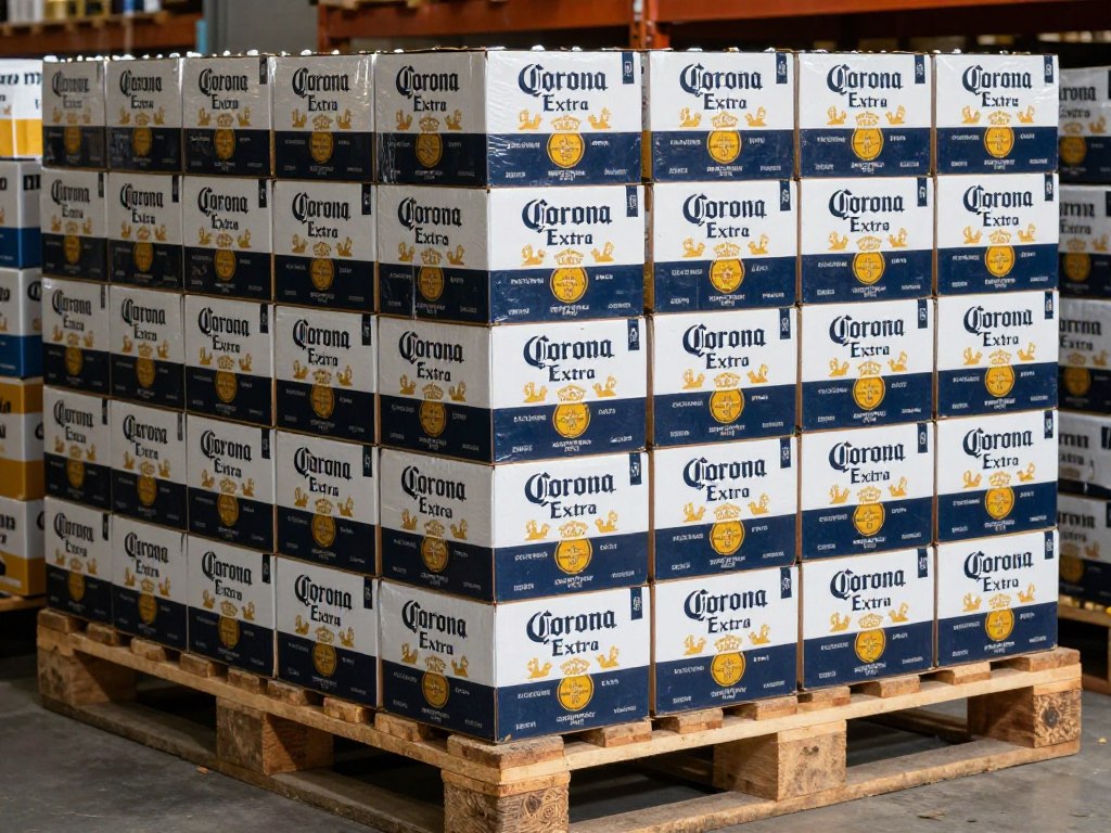 Corona Extra 330ml bottles in export packaging with palletized arrangement for wholesale distribution to Sweden