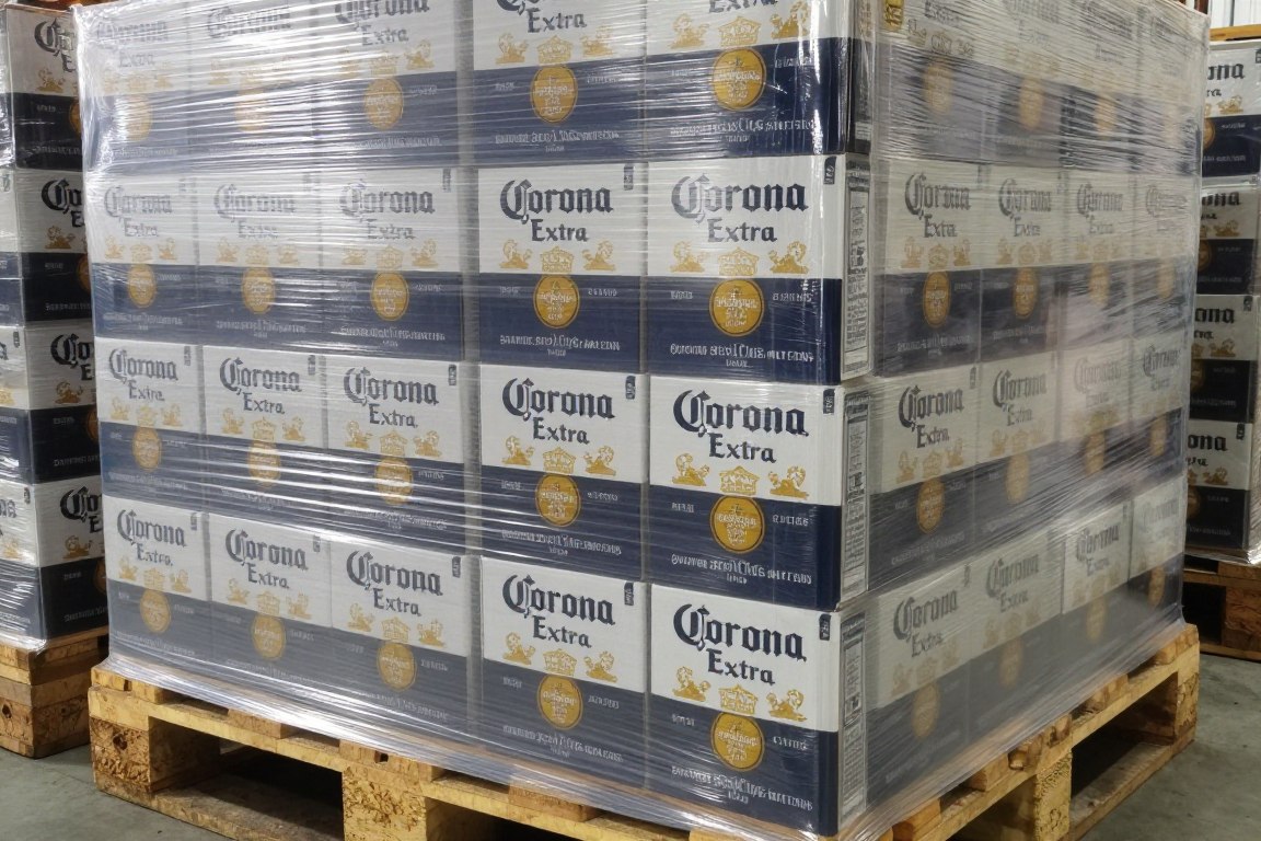 Corona Extra beer 330ml bottles being prepared for wholesale export to Sweden