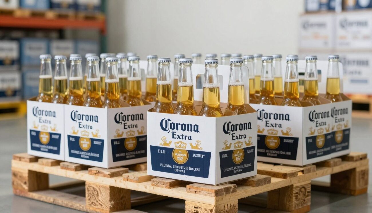 Corona Extra beer bottles arranged in wholesale packaging with shipping pallets in background