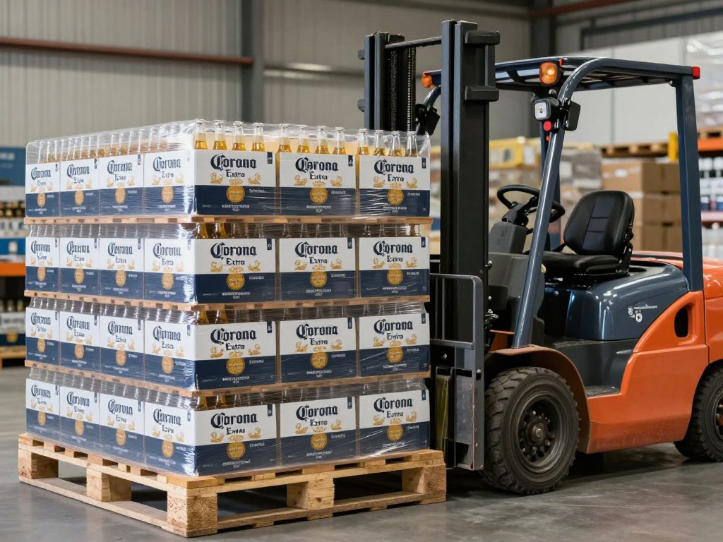 Corona Extra beer export pallets being prepared for shipping to Norway