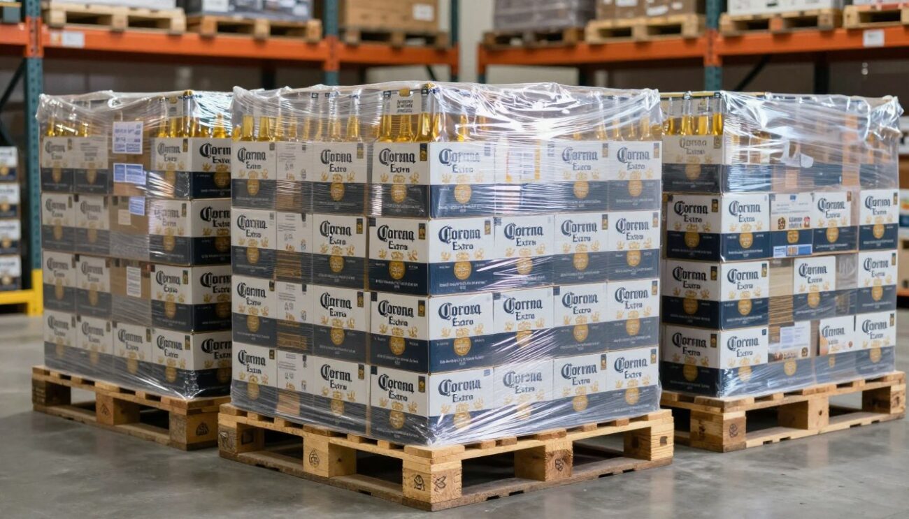 Corona Extra beer wholesale pallets prepared for export to Norway