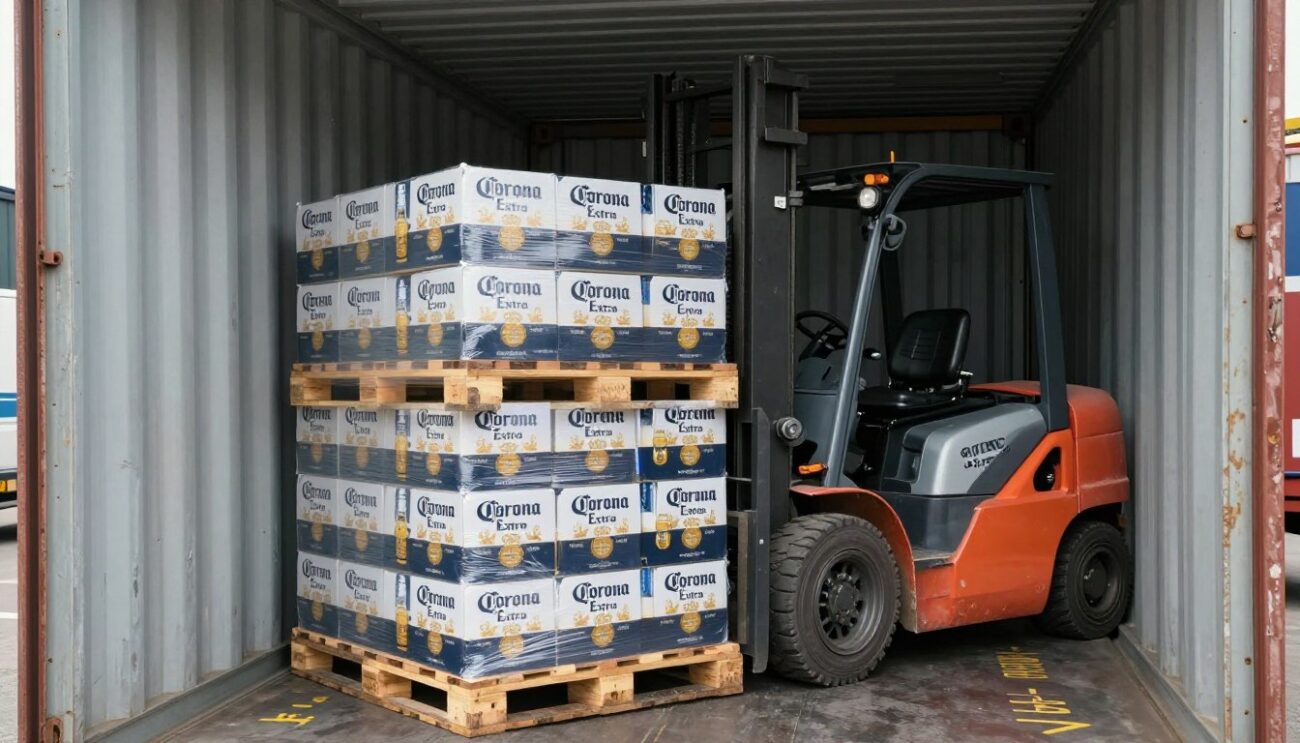 Corona Extra wholesale logistics process showing container loading for export to Sweden