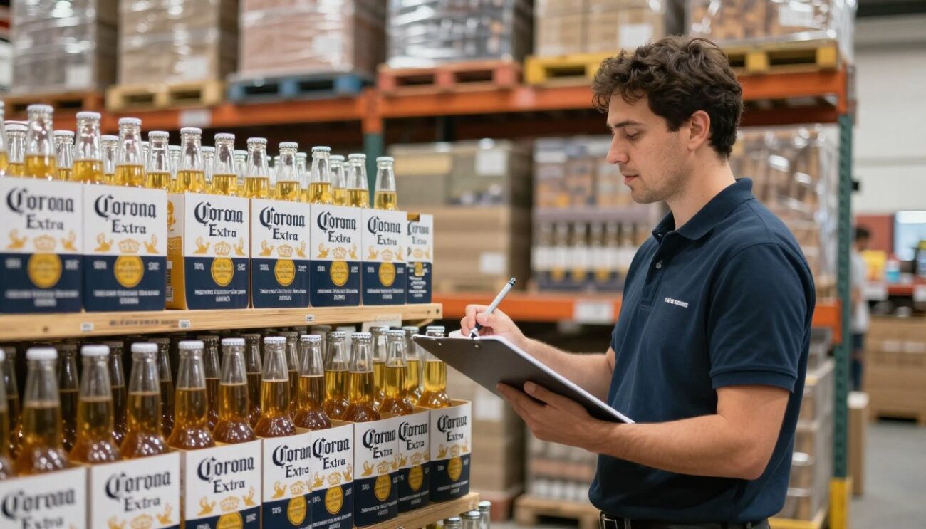 Distribuidor mayorista de cerveza Corona Extra en Chile revisando inventario