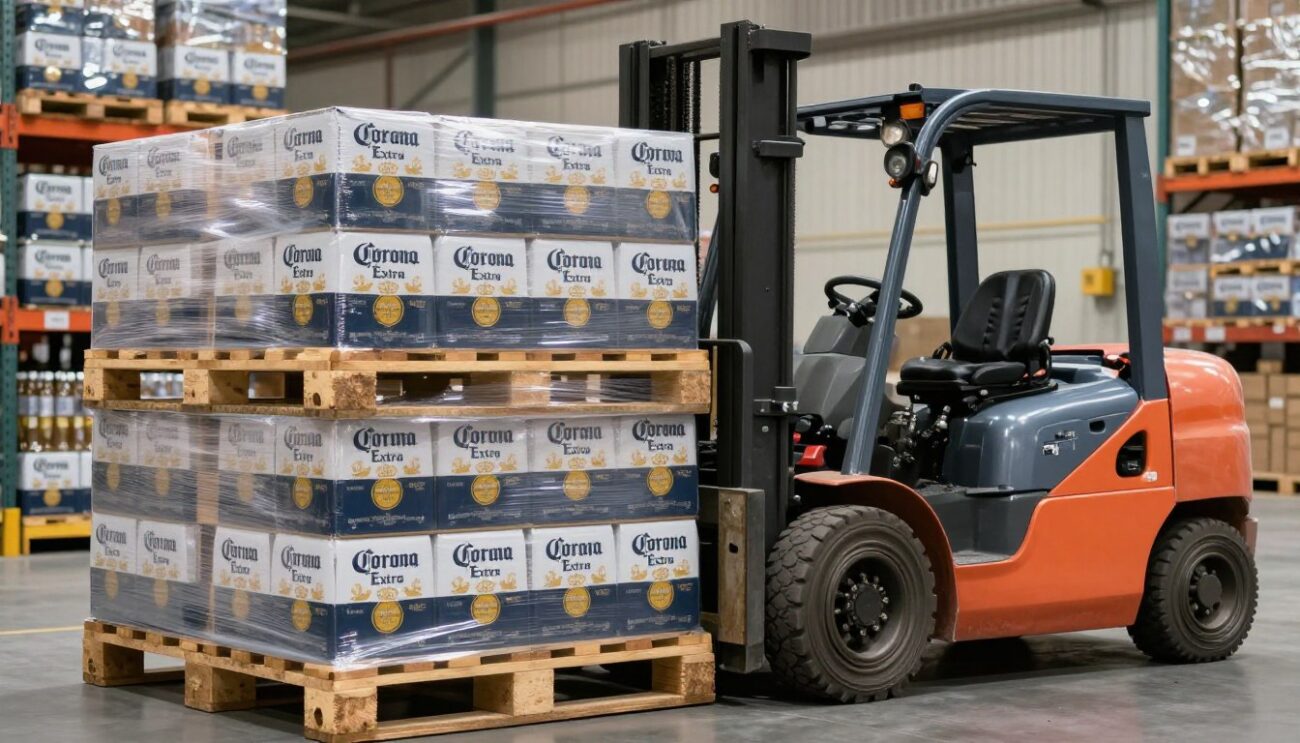 Forklift loading Corona beer pallets in warehouse logistics operation