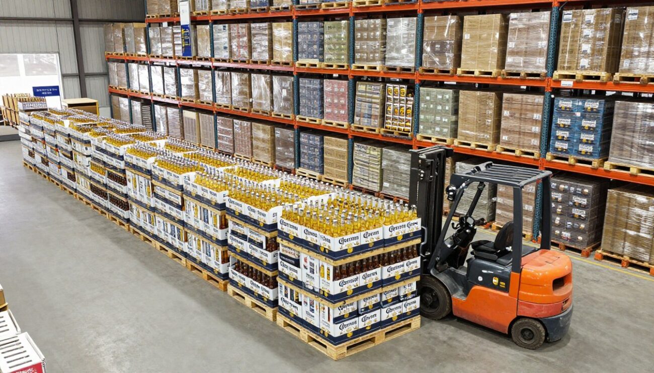 Professional warehouse with Corona Extra wholesale inventory ready for distribution