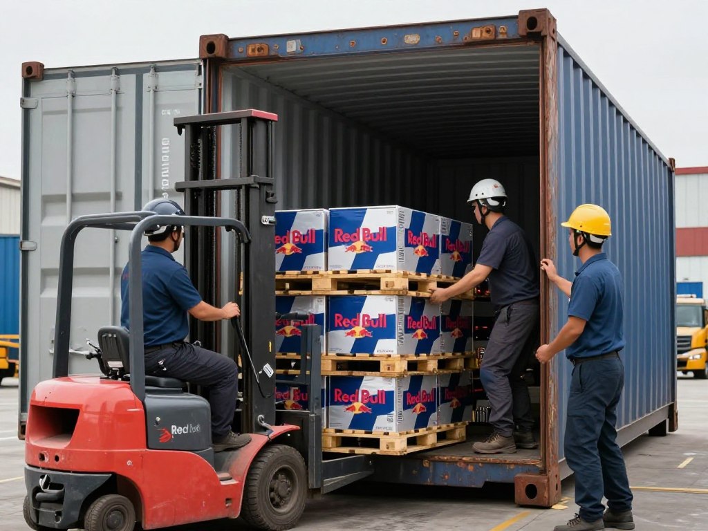 Red Bull pallets being loaded into shipping container for Canadian wholesale distribution