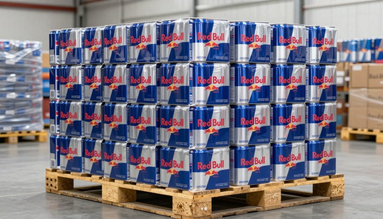 Red Bull pallets stacked in a warehouse ready for wholesale distribution to Canada