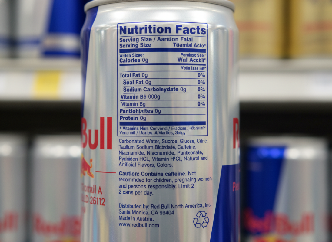 Red Bull product labels showing US compliance information