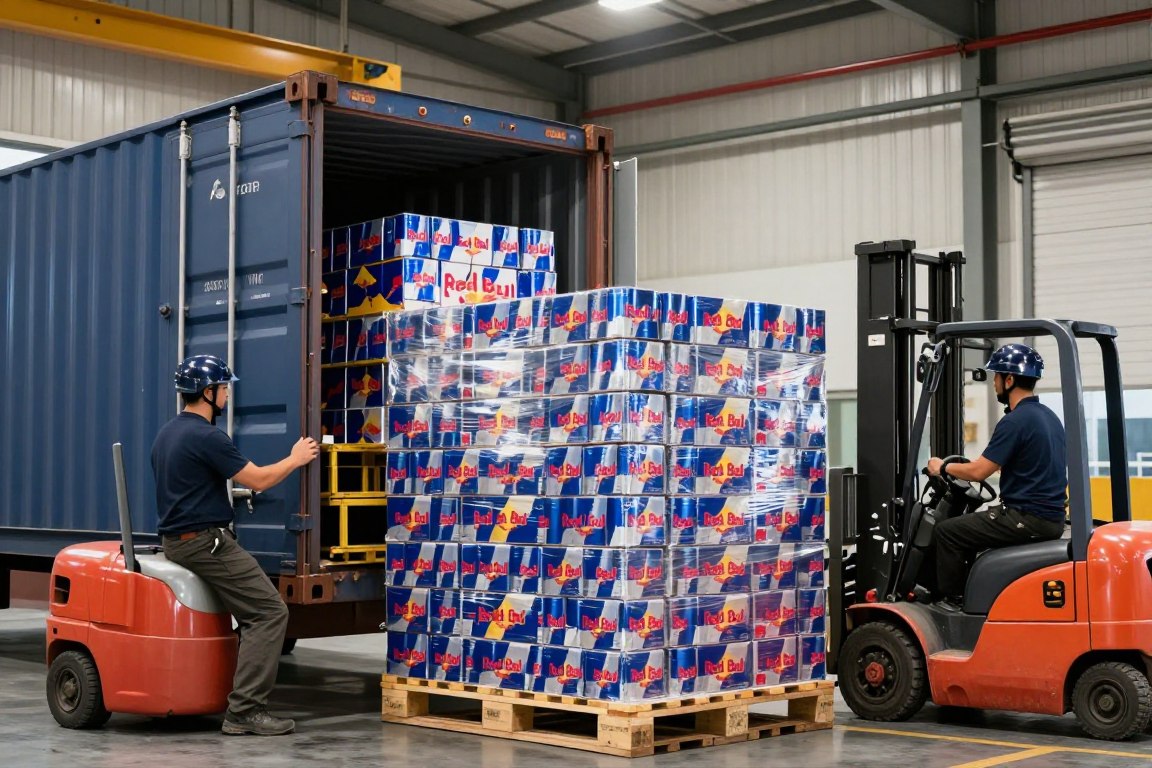 Red Bull wholesale pallets being loaded for Dubai shipping