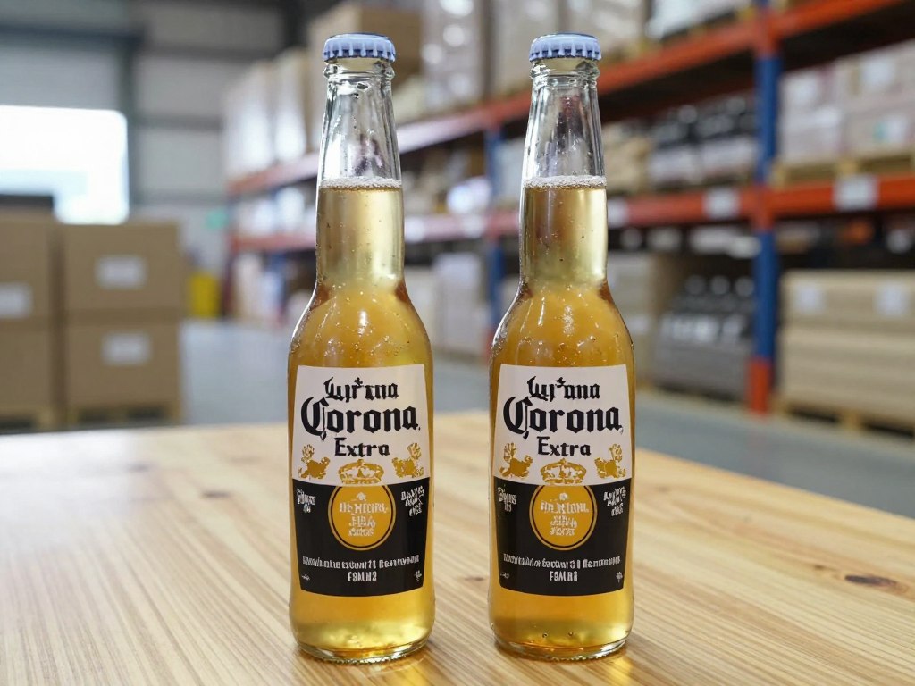 Two Corona bottles placed on warehouse table showing product for reference
