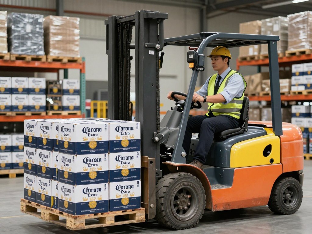 Warehouse worker preparing Corona Extra pallets for container loading