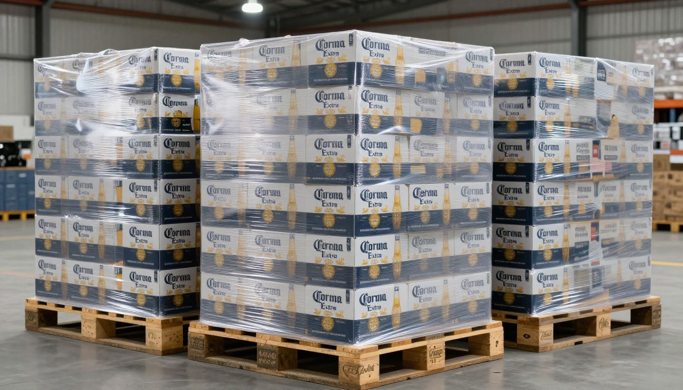 Wrapped Corona Extra beer pallets in warehouse ready for export to Philippines