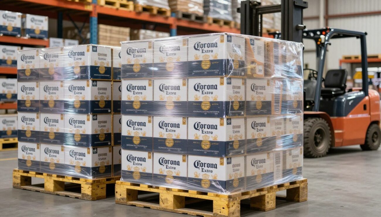 Оптовая партия Corona Extra в коробах на паллетах готовая к отгрузке