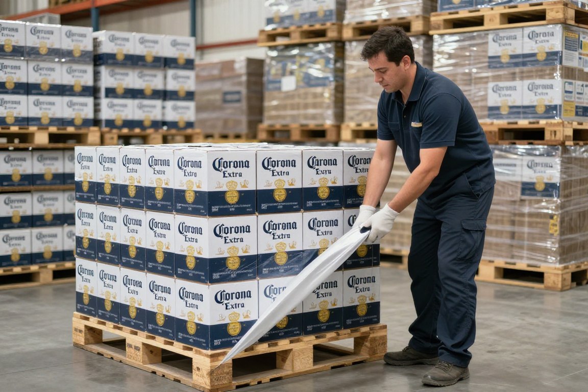 Процесс формирования паллет с пивом Corona Extra для оптовой отгрузки