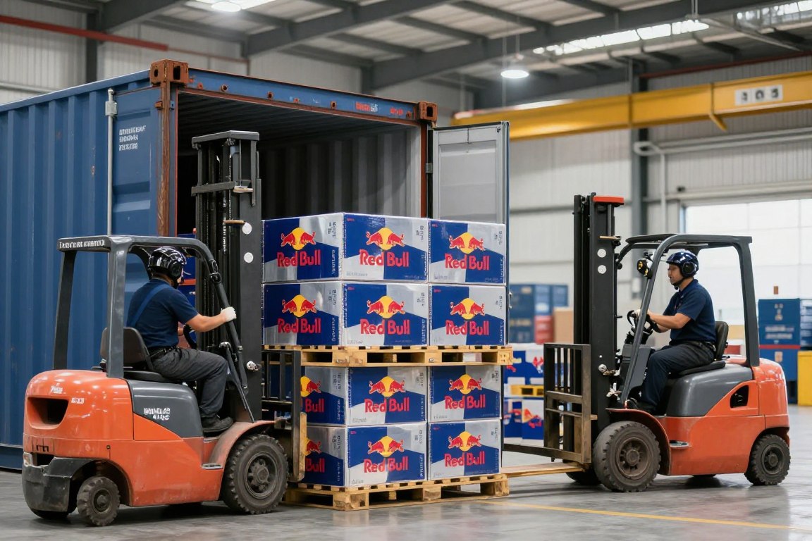 การโหลดเรดบูลขายส่งเข้าตู้คอนเทนเนอร์สำหรับการส่งออกไปประเทศไทย