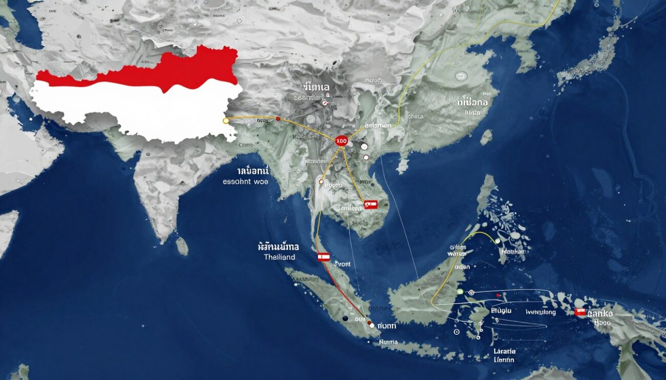 แผนที่แสดงเส้นทางการขนส่งเรดบูลจากออสเตรียไปยังท่าเรือหลักในประเทศไทย