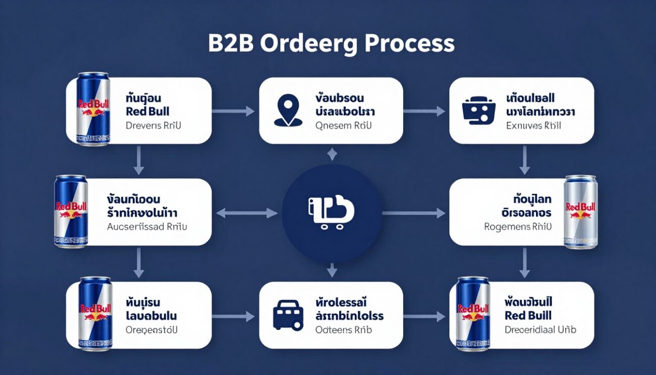 แผนภาพแสดงกระบวนการสั่งซื้อเรดบูลขายส่งกับ Zeki Frucht GmbH