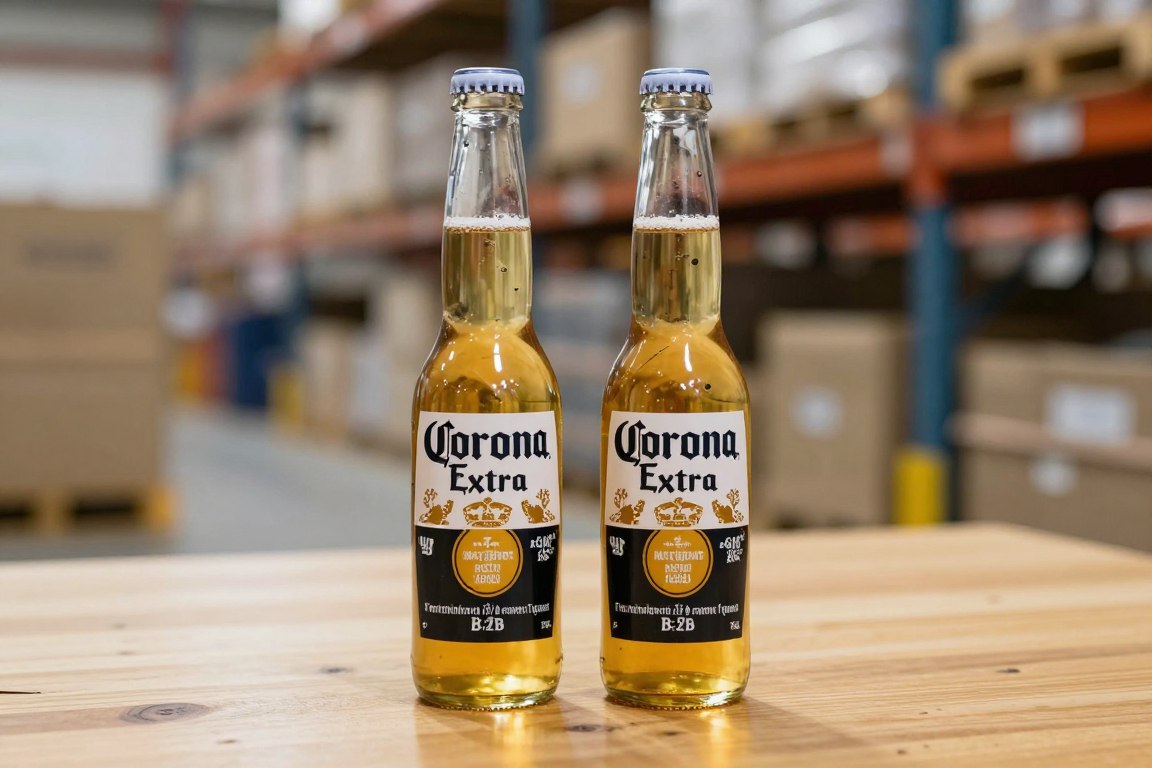 코로나 엑스트라 도매 제품 - 물류창고 테이블 위의 코로나 엑스트라 맥주 병