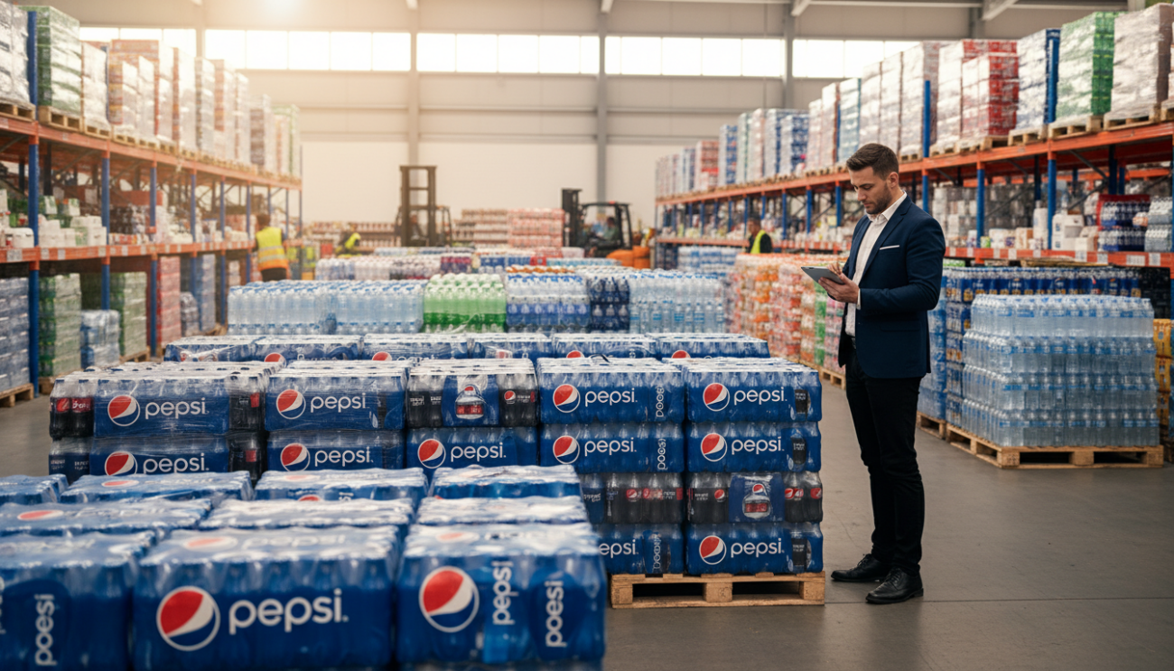 A high-resolution image showcasing a warehouse scene filled with neatly stacked Pepsi pallets for sale. In the foreground, a row of vibrant blue Pepsi-branded pallets is prominently displayed, each pallet meticulously organized and ready for distribution. In the middle ground, a worker in professional business attire inspects the pallets, ensuring quality standards are met; their thoughtful expression conveys professionalism and diligence. The background features a bustling warehouse environment with shelves filled with various beverage products, bathed in soft, natural lighting that creates a welcoming atmosphere. A wide-angle view captures the depth of the space, giving a sense of scale and efficiency in beverage logistics.