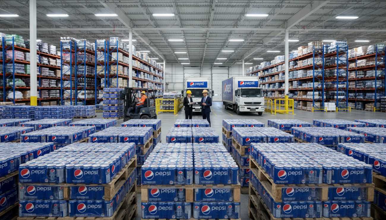 A realistic warehouse setting showcasing a Pepsi container supply arrangement. In the foreground, focus on neatly stacked pallets of Pepsi cans, showcasing their vibrant blue and red branding. The middle ground features an organized logistics area with delivery trucks parked and ready for dispatch, with a few employees in professional business attire inspecting inventory. The background reveals a bustling warehouse filled with shelves of beverage supplies, all under bright fluorescent lighting. Capture the scene from a wide-angle perspective, emphasizing depth and scale to highlight the efficient logistics operation. The overall atmosphere should convey professionalism, orderliness, and the dynamic energy of beverage distribution.