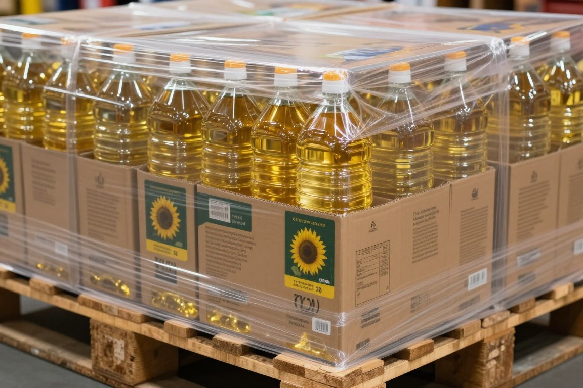 Aceite de girasol al por mayor México - Pallets de botellas de 1L preparados para exportación