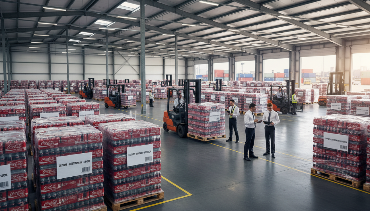 Área de preparación de exportación con múltiples pallets de Coca-Cola listos para envío a Centroamérica