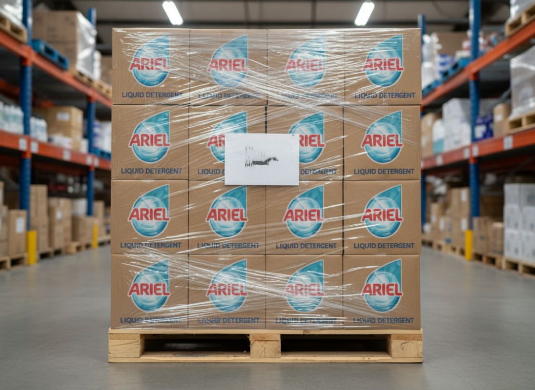 Ariel liquid detergent jugs in export cartons stacked on a pallet with shrink wrap