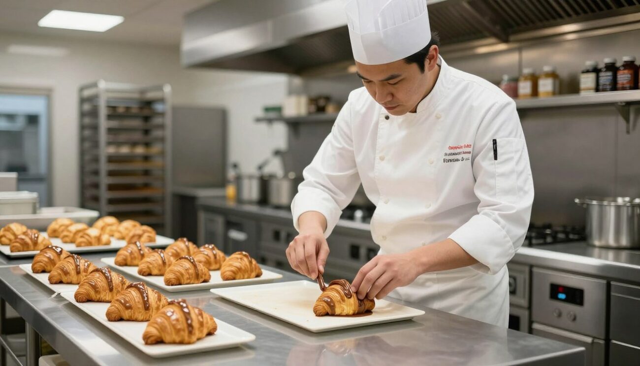 Bakery professional using Nutella wholesale product in commercial kitchen