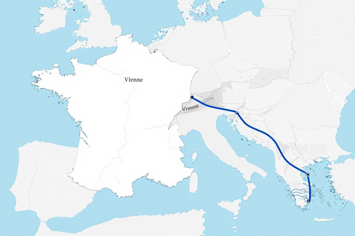 Bản đồ minh họa tuyến đường vận chuyển từ Pháp qua Vienna đến Việt Nam