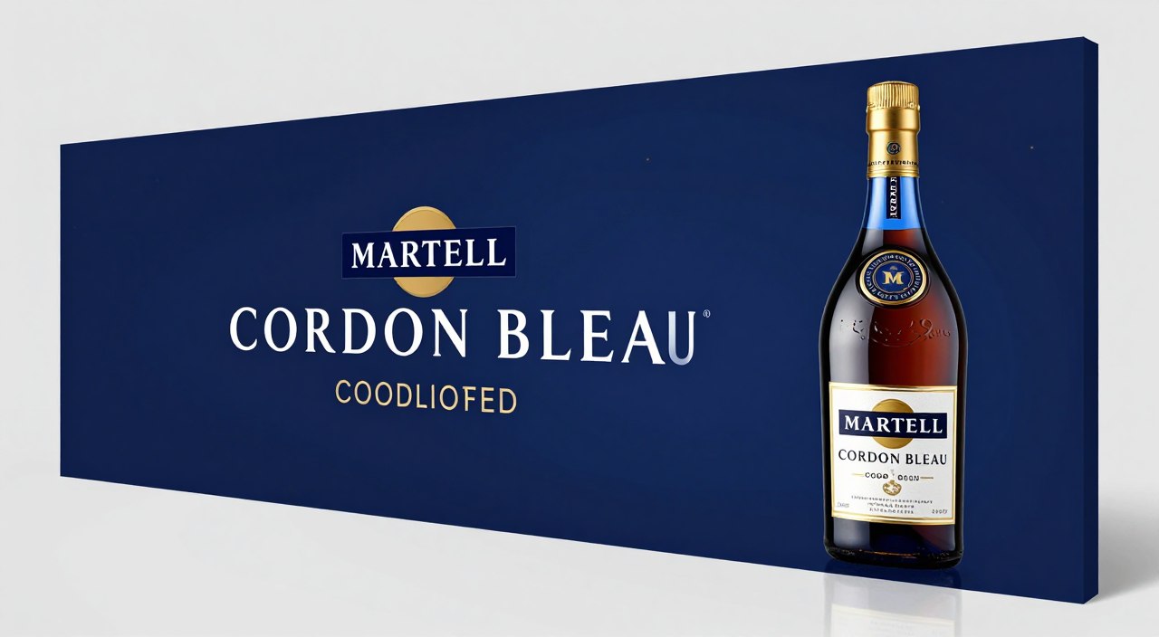 Banner elegante de fechamento com garrafa Martell Cordon Bleu em fundo azul marinho premium com detalhes dourados