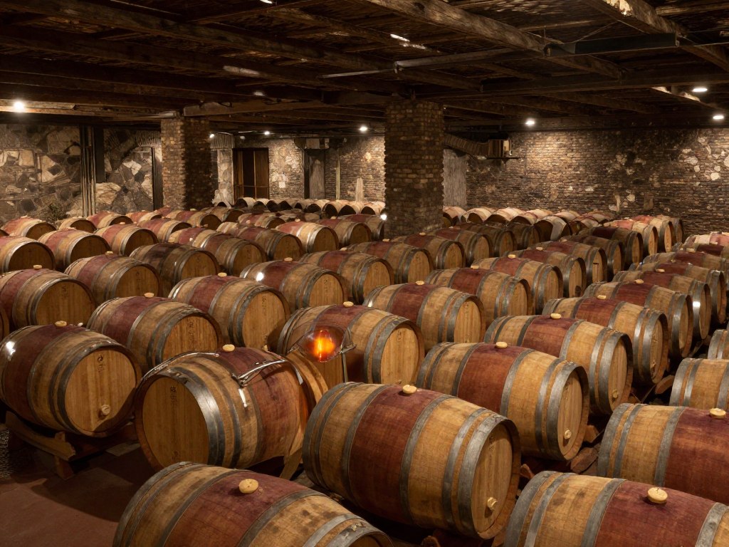 Barricas de roble en bodega de cognac mostrando proceso de envejecimiento tradicional