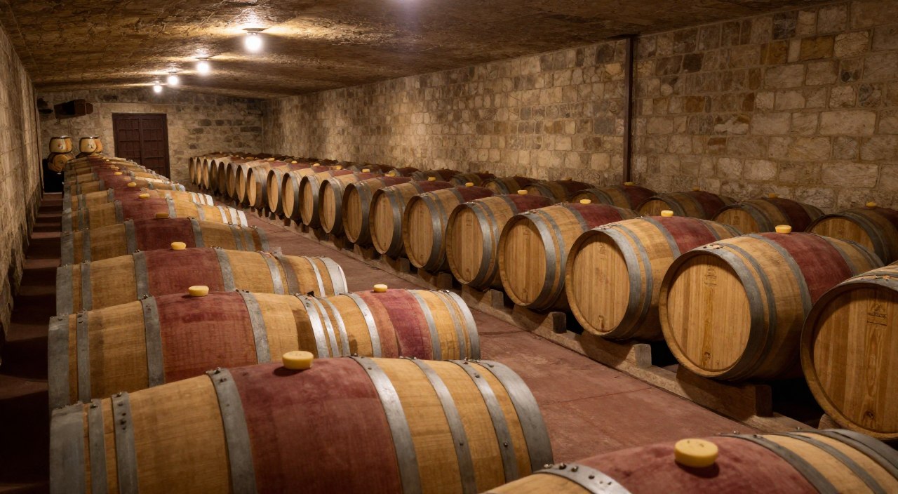 Bodega de barricas de roble francés para envejecimiento de cognac en Charente, Francia