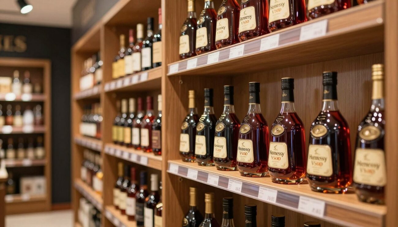 Botellas de cognac Hennessy VSOP en estantería de tienda premium chilena
