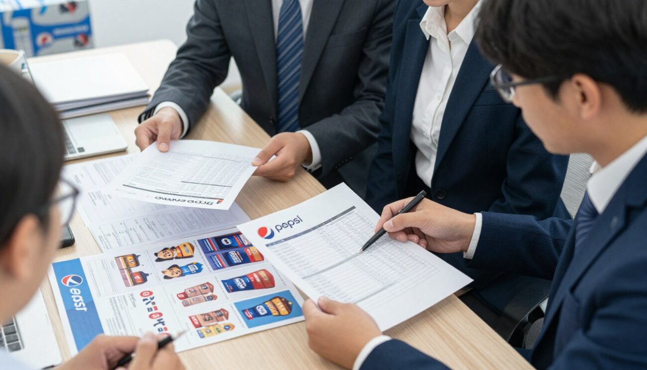 Business professionals preparing a Pepsi wholesale quote for a distributor client