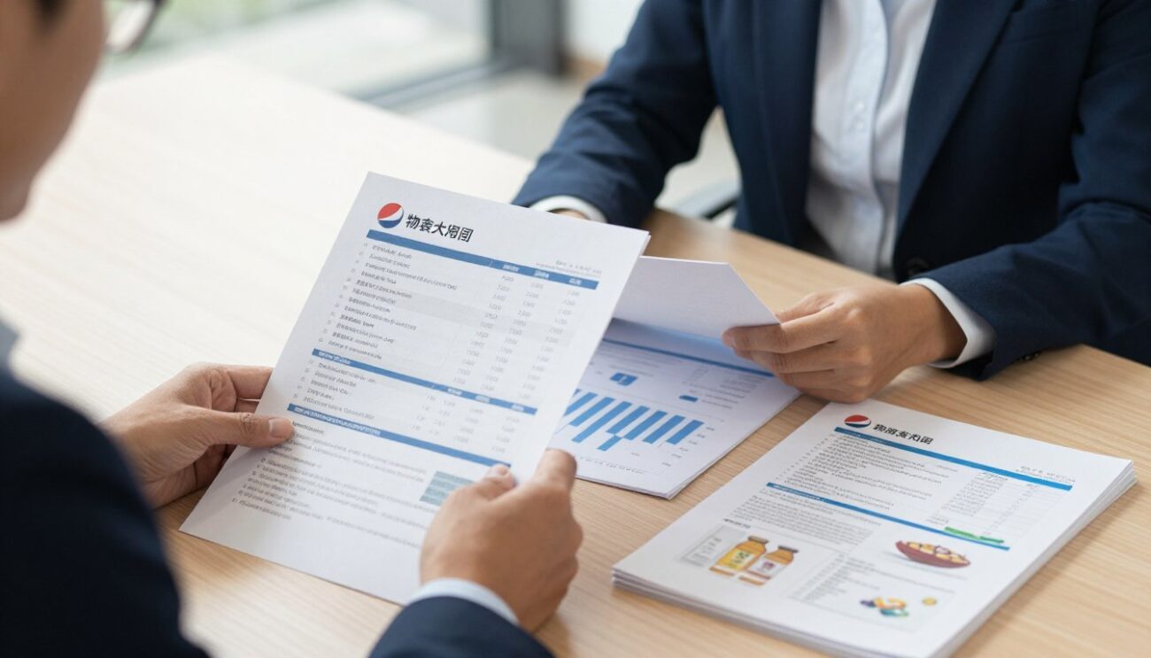 Business professionals reviewing Pepsi wholesale pricing documents and logistics plans