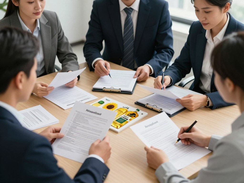 Business professionals reviewing sunflower oil wholesale contract and payment terms