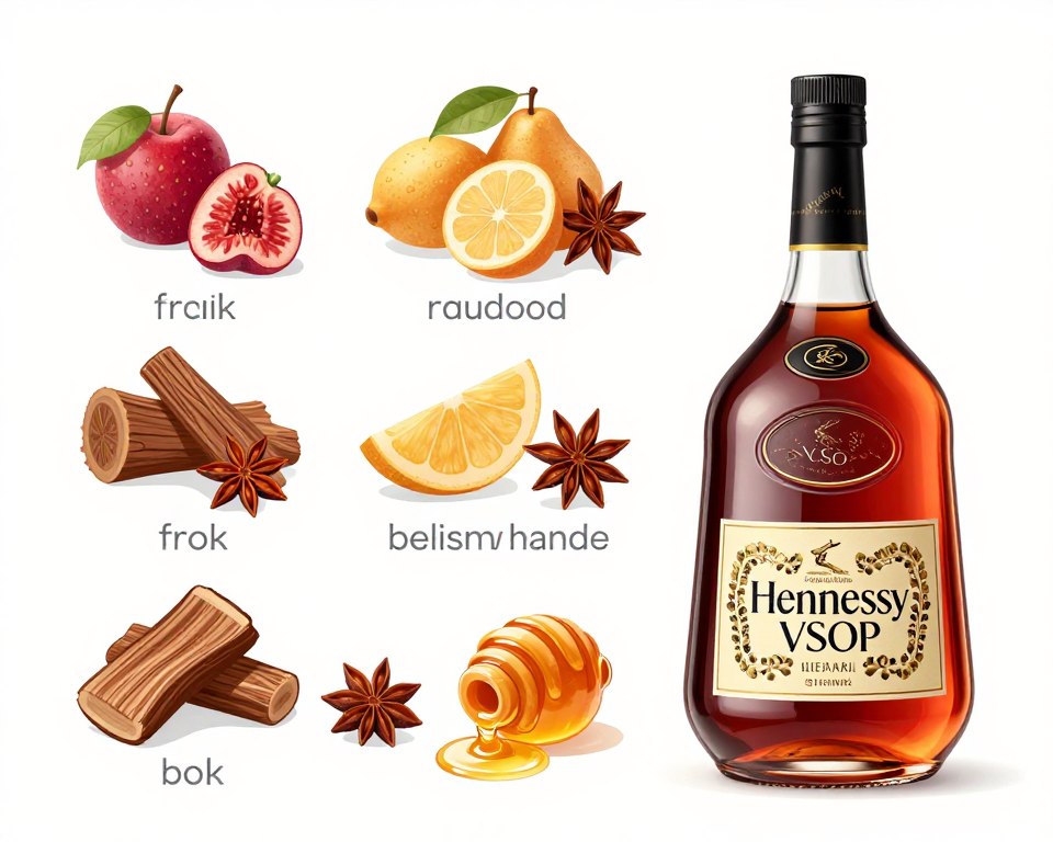 Các ghi chú hương vị của Hennessy VSOP với minh họa trái cây và gia vị