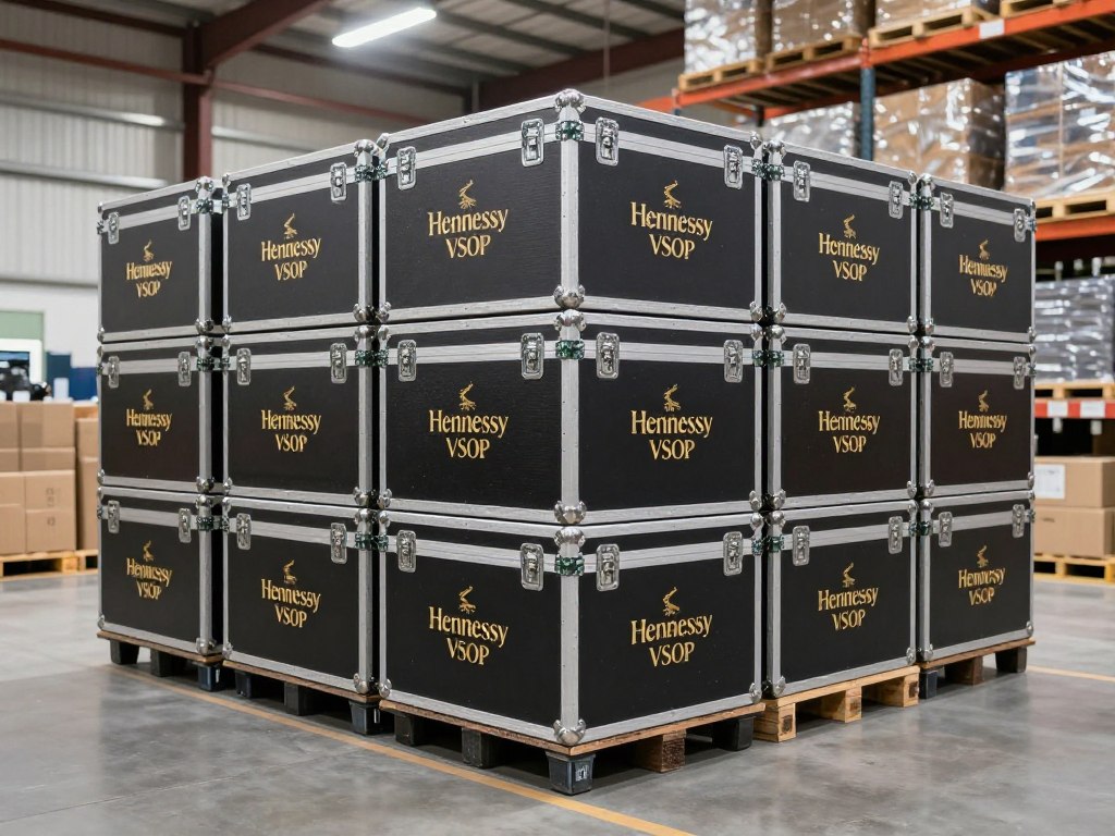 Cajas master de Hennessy VSOP organizadas en almacén de distribución
