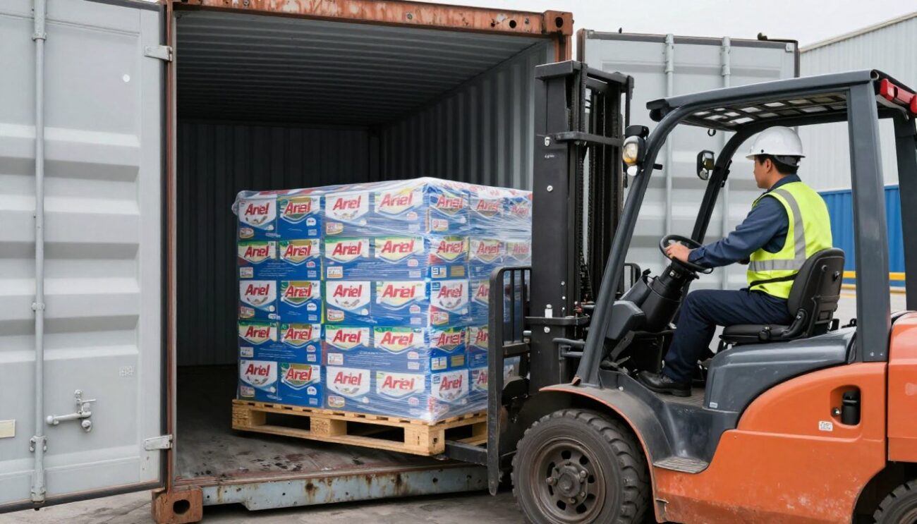 Carga de contenedor con detergente Ariel para exportación a Costa Rica