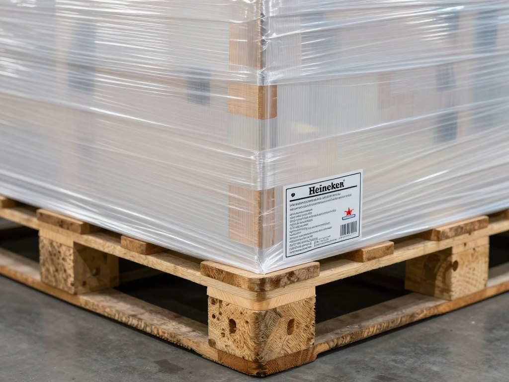 Close-up of Heineken export pallet showing corner protection boards, stretch wrap layers, and pallet labeling for African shipment