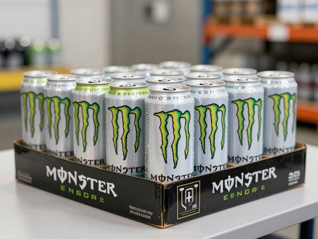 Close-up of Monster Energy 500ml cans in export packaging