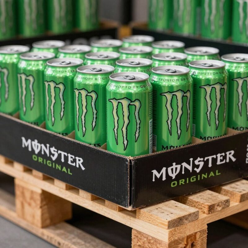 Close-up of Monster Energy Original cans in export trays on pallet edge